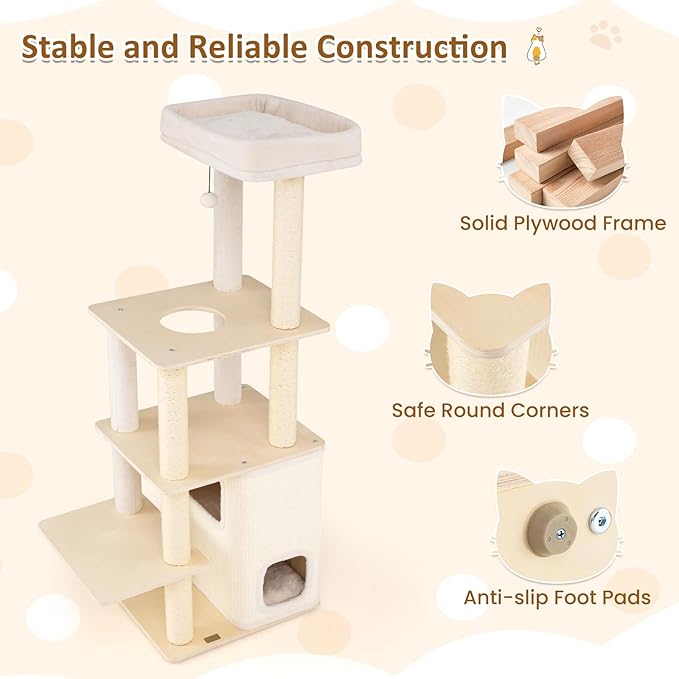 63" Tall Wooden Cat Tree, Indoor Kitten Tower with 2-Story Condo, Plush Padded Top Perch, Sisal Scratching Posts & Mat, Dangling Ball, Multi-Level Climbing Stand, Modern Indoor Pet Furniture