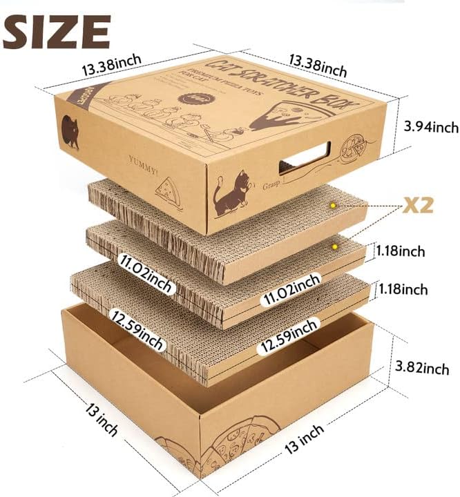 Cat Scratcher Box with 3 PCS Scratching Pads, Reversible Corrugated Cardboard Lounge Bed with Feather Toy and Balls Recyclable Cat Scratcher Cardboard for Indoor Cats