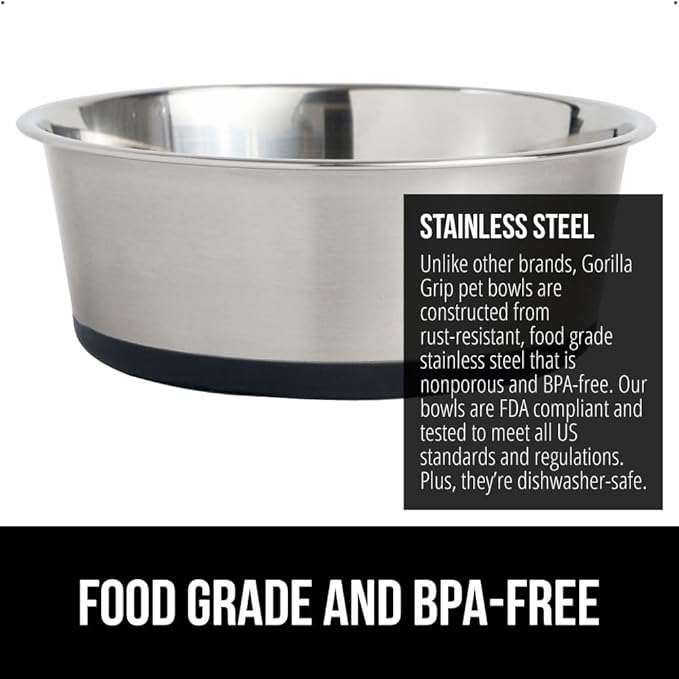 GORILLA GRIP Dog Bowl, Holds 6 Cups (48 fl oz), Food Grade 304 Stainless Steel Food and Water Bowl for Feeding Dogs and Cats, BPA Free Rubber Base, Easy Clean, Dishwasher Safe, Rust Resistant, Black