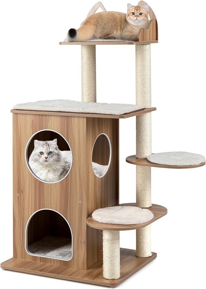 PETSITE 48-inch Wooden Cat Tree, Multi-Level Modern Cat Tower with Sisal Scratching Posts, Double-Layer Condo, Cute Top Perch, 3 Jumping Platforms with Washable Detachable Cushions