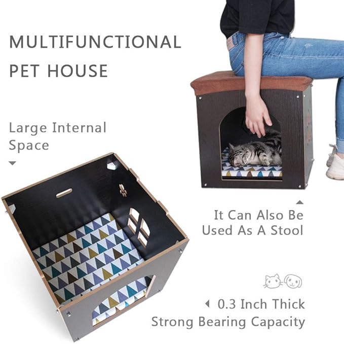 SONGWAY Cat House for Indoor Cats Large, Pet Cave with Carpet, Pet House Ottoman, Multipurpose Footrest with Cushion, Cube House for Cats and Small Dogs, Black L