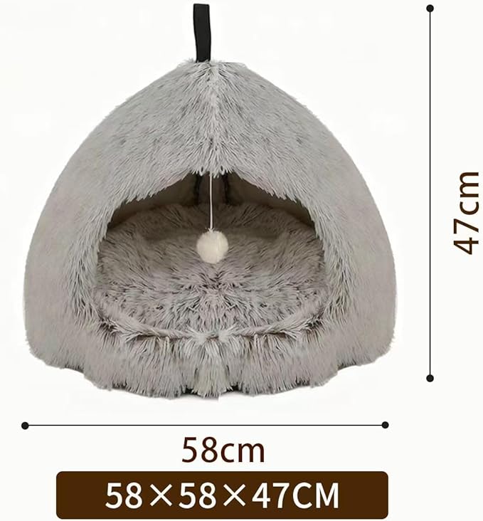 Hezotco Large Cat Bed for Indoor Cats, Soft Fluff Indoor Dog Cave Bed& Cat Cave for Small Dogs. Pet Cave for Puppy with Cat Teasing Ball 22.8"*18.5"*22.8"(Coffee+White)