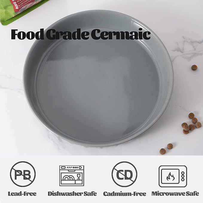 Fun Elements Shallow Dog Bowls, 8" Ceramic Dog Food Plate for Small and Medium Breeds, Non-Slip, Flat and Wide, Dishwasher Safe, Suitable for Puppies and Kittens (Grey)