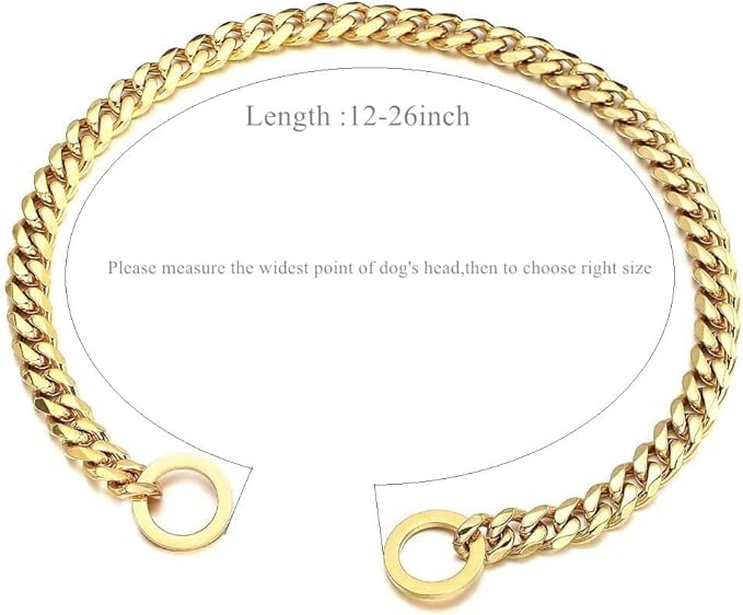 Gold Dog Collar 18K Gold P Chain 11MM/15MM/19MM Cuban Link Chain Collar Walking Trainning for Small Medium Large Dogs 12inch to 26inch(11mm,22inch)