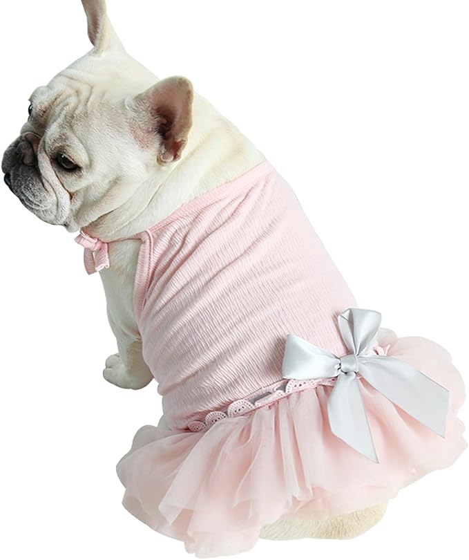 Moorfowl French Bulldog Princess Pink Tutu Dress Summer Vest Gauze Skirt for Pug Corgi Doggie Party Tulle Dress with Bowknot Fashion Outfits (S(Back 11.81"-12.59",Chest 19.68"-21.25"))