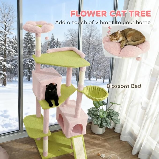 Stylish Cat Tree Tower with Sisal Scratching Posts, Cozy Condo, and Plush Perches for Climbing, Resting, and Play (Pink + Cotton + Particle Board + Velvet)
