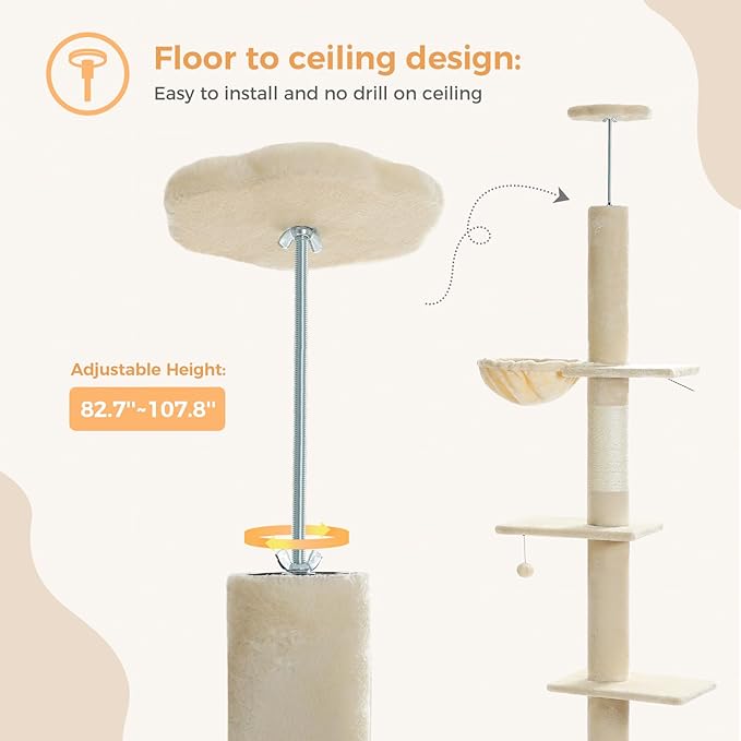 PETEPELA Floor to Ceiling Cat Tree, Multi-Level Tall Cat Tower, Height Adjustable [83"-108"], Cat Scratching Post with Top Perches and Spacious Condo for Large Indoor Cats, Beige