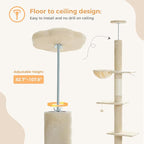 PETEPELA Floor to Ceiling Cat Tree, Multi-Level Tall Cat Tower, Height Adjustable [83"-108"], Cat Scratching Post with Top Perches and Spacious Condo for Large Indoor Cats, Beige