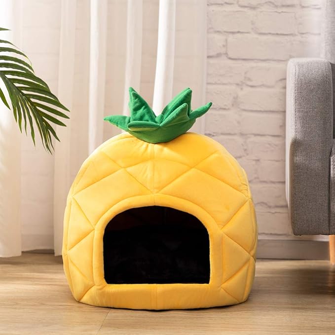 Hollypet Cat Bed Self-Warming Kitty Cave Hut House Nest Pet Sleeping Bed for Indoor Cats, Yellow, Pineapple Cave