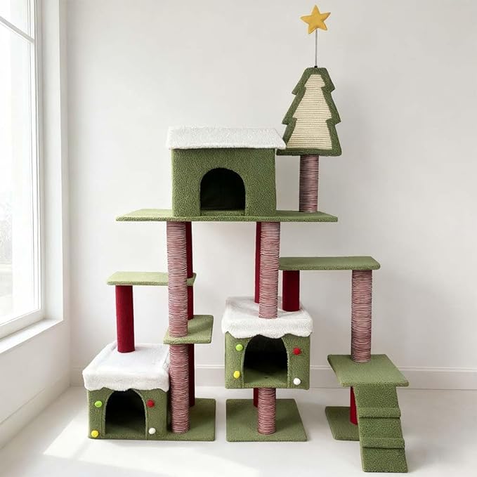 75" Christmas Cat Tree Tower for Indoor Cats,Multi-Level Cat Climbing Tower with Cat Condos, Top pad, Plush Toy, Grab Bar and Board, Kittens Play Activity Center (75 Inch)