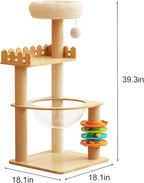 39.3” Wood Cat Tower with Sisal Scratching Post, Modern Cat Tree with Acrylic Bowl, Climbing Ladder & Hanging Ball Toy, Multi-Level Cat Activity Center (39.3 inch)