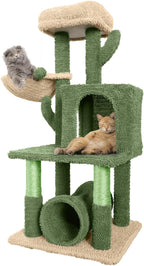 Cactus Cat Tower for Indoor Cats, Cute 40-Inch Small Cactus Cat Tree w/Widened Perch for Large Cats & Kittens, Multi-Level Cat Activity Tree w/Scratching Post, Tunnel, Basket, Cat Cave Condo