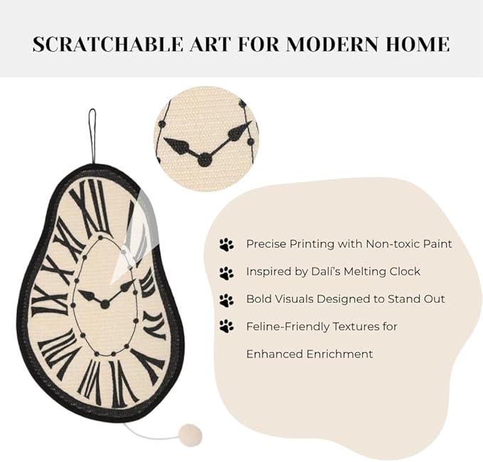Melting Clock Cat Scratching Mat – Salvador Dali Inspired Hanging Sisal Pad with Catnip Pompom, Unique Artistic Cat Furniture & Wall Protector (21.7 x 13.8 inches)