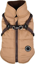 Puppia Mountaineer Winter Dog Coat with Integrated Harness No Pull Cold Weather Waterproof Warm Fleece Back Zipper for Small & Medium Dog, Beige, Medium
