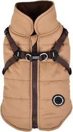 Puppia Mountaineer Winter Dog Coat with Integrated Harness No Pull Cold Weather Waterproof Warm Fleece Back Zipper for Small & Medium Dog, Beige, Small