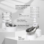RIZZARI Dog Water Bowl Dispenser: 5L Large Stainless Steel Gravity Feeder - Leak-Proof - Detachable Bowl & Filter Instruction - Easy to Use for Busy Multi-Pet Owners with Small Puppies & Kittens
