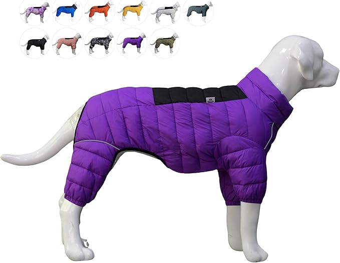 Dog Warm Jacket, 4 Legs Covered Waterproof Windproof Reflective Warm Vest, Zippered Adjustable Outdoor Snow Jacket for Small to XXL Dogs, Purple