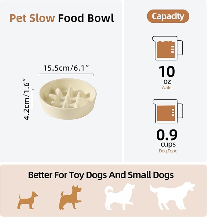 Ceramic 0.9 Cup Dog Bowl Slow Feeder, 6.1inch Slow Pet Food Dish for Small Dog and Cat, Stop Bloat, Preventing Choking(Single Bowl, Light Yellow)