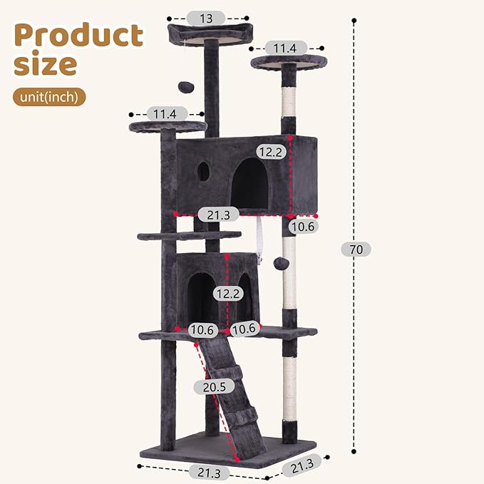 BestOffice 70 Inch Cat Tree, Multi-Level Cat Tower with Condo, Perches, Sisal Scratching Posts, Climbing Ladder,Indoor Activity Center Play House for Kittens & Adult Cats, Ashy