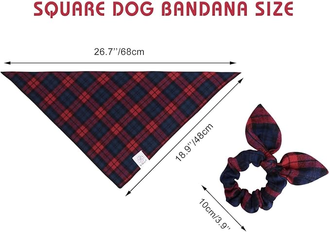 E-Clover Red Dog Bandanas & Matching Scrunchie Set Plaid Dog Scarf Bibs for Medium Large Dogs Girl Boy Pet Owner Gift Blue Valentine