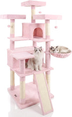 DORTALA Multi-Level Cat Tree, 65" Tall Cat Tower with 3 Plush Perch, 2 Condos, Basket Bed, Sisal Scratching Posts & Board, Hanging Pompoms, Indoor Pet Climbing Furniture (Pink)