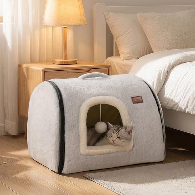 cat Bed cave-cat beds for Indoor Cats,Soft and Comfortable Cute Pet Bed，cat House,with Removable Washable Cushioned Pillow,Enclosed cat Bed,Kitty pet hut、Hideaway,Small Large Dog Tent (Grey)