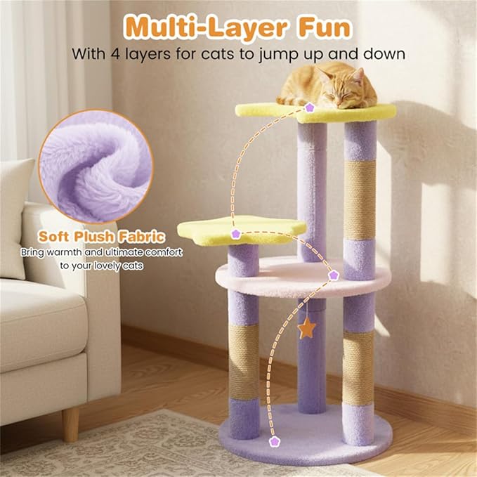 Moon & Star Themed Cat Tree Tower, 29" Tall, Cute Cat Tree for Indoor Cats, 4-Tier Cat Tree Tower for Indoor Cats with Jute Scratching Posts (Purple)