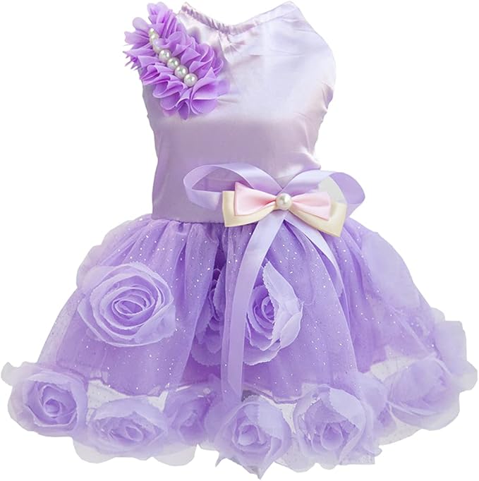 Dog Dress Luxury Puppy Skirt Clothes Princess Dresses Wedding Evening Tutu Skirt Rose Flower Bowknot Dresses for Small Dog Girl S Purple