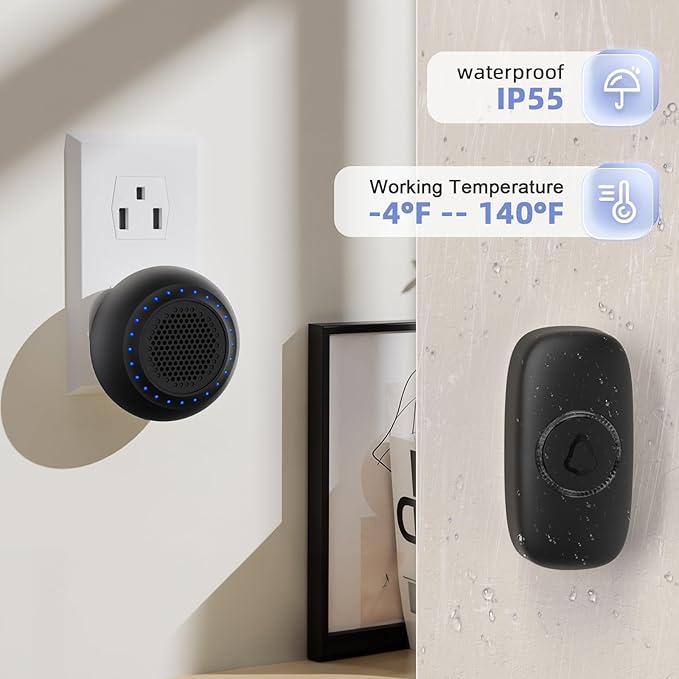Wireless Door Bells for Homes Doorbell Chime Kits with 1 Transmitter 1 Receiver - Waterproof Operating at 1000ft Range - 48 Ringtones 4 Volume Levels LED Flash - Door Bell for Classroom Black