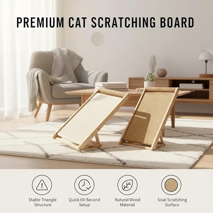 Cat Scratching Pad with 100% Sisal, Stable Triangle Design, 2-Step No-Tool Assembly, 22" Wooden Ramp to Protect Furniture & Sofa, Natural Incline Board for Indoor Cats (Beige)