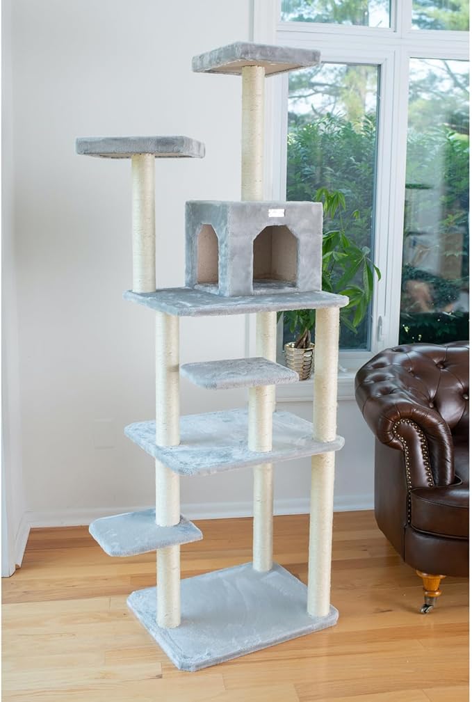 Cat Tree 74" - 7 Level Faux Fur Tower with Playhouse & Perches - Easy Assembly