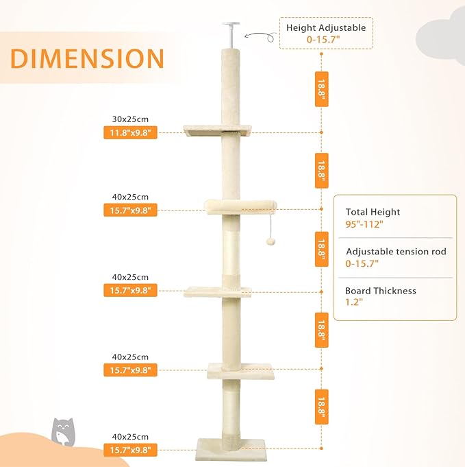 Floor to Ceiling Cat Tree, Cat Tower with Adjustable Height 98-110 Inches, 5 Tiers Tall Cat Tree Floor to Ceiling with Cozy Bed,Platforms, Sisal Scratching Posts for Cats Beige