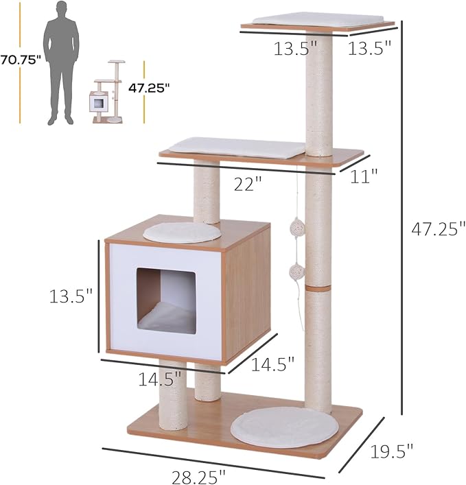 PawHut 47” Modern Cat Tree Multi-Level Scratching Post with Cube Cave Enclosure - Oak Wood and White