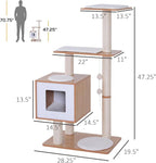 PawHut 47” Modern Cat Tree Multi-Level Scratching Post with Cube Cave Enclosure - Oak Wood and White