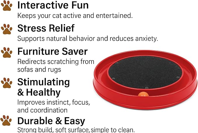 Cat Scratcher Toy with Ball – Interactive Scratching Carpet and Play Track for Stress Relief and Fun (Red, Round)