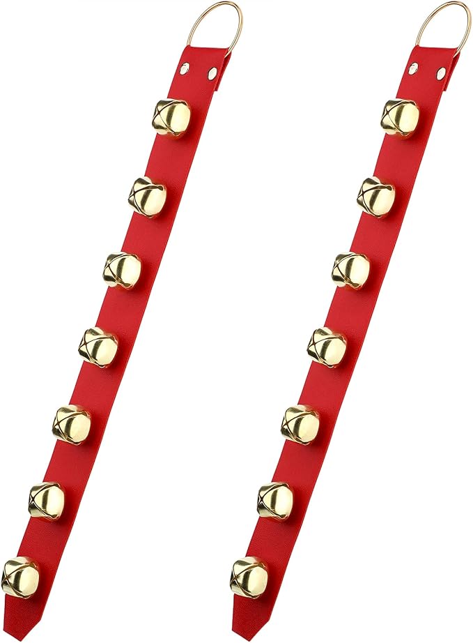 Frienda Hanging Jingle Sleigh Bells 7-Bell Dog Doorbells for Door Knob Faux Leather Belts Go Outside Dog Bells Christmas Decor and Holiday Decorations, 18.7 x 1.8 x 1 Inches(Red with Gold)