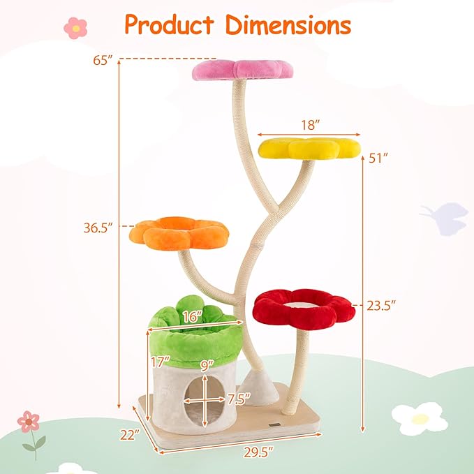PETSITE 65 Inch Tall Cat Tree, Multi-Level Modern Cat Tree Tower with Sisal Scratching Posts, Cat Condo, Soft Fabric Covered Platforms, Ideal for Indoor Cats Large Adult (Multi)