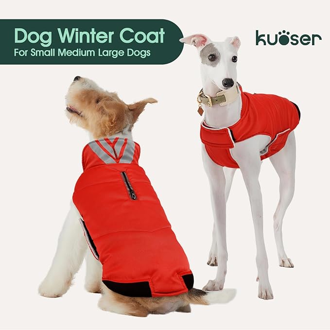Kuoser Dog Coat Large, Cold Weather Reflective Waterproof Dogs Jacket with Warm Fleece Lining, Turtleneck Dog Winter Coat with Zipper, Doggy Snow Jacket Pet Coats for Small Medium Large Dogs, Red L