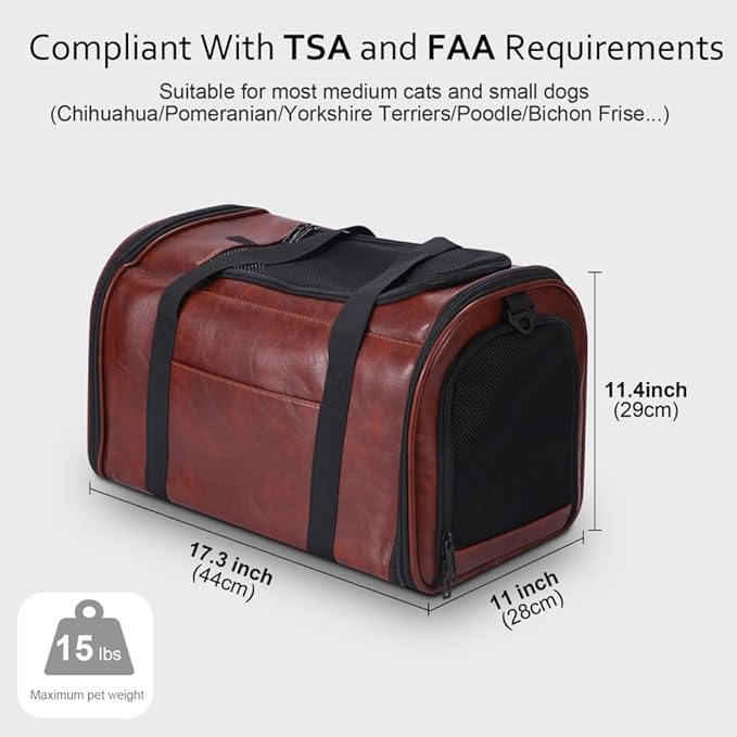 Fashion Dog Carrier Pet Carrier Airline Approved Cat Carrier for Small Dogs Cats Under 15 Lbs, Vegan Leather Collapsible Soft Sided Travel Puppy Carrier