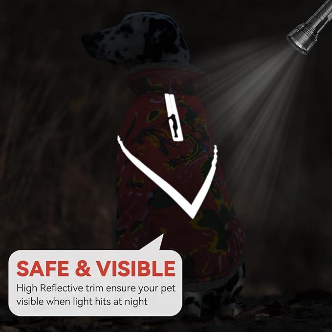 VIVAGLORY Snowrap Dog Coat, Jacket with Harness Hole, Dog Coat for Winter & Cold Weather, Fluffy Warm Fleece Lined Reflective Water Resistant for Puppy, S, Northeast Florals-Red