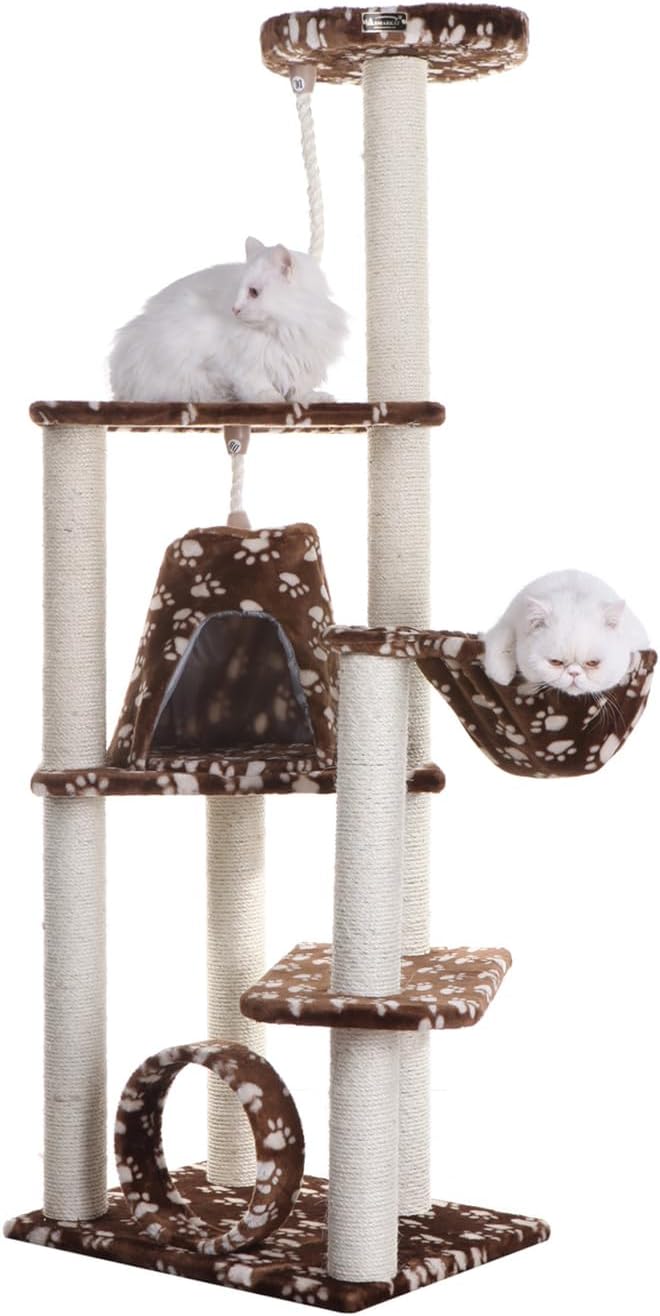 Cat Hammock Bed - Natural Sisal Tree Condo for Cats - Soft Plush Perch, Play Tube - Up to 50 lbs
