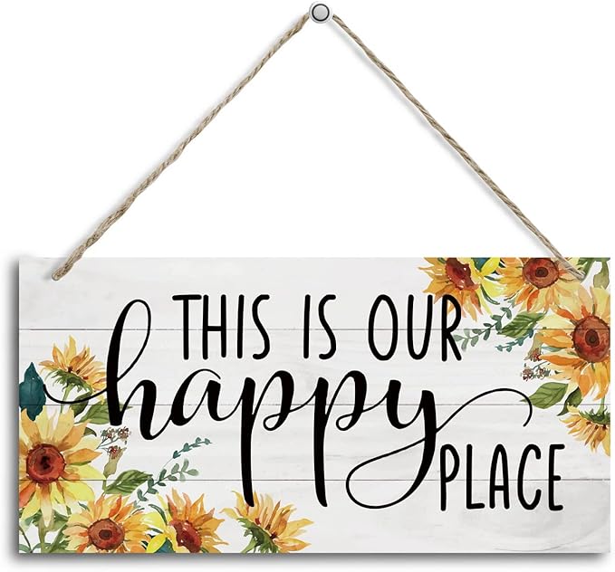 Sunflower Theme Wood Decor Sign, This Is Our Happy Place, Hanging Printed Wooden Plaque Decor, Rustic Home Décor Sign, Entryway Wall Decor, Hanging Plaques for Foyer Farmhouse Hostel Sign 12x6 inch