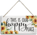 Sunflower Theme Wood Decor Sign, This Is Our Happy Place, Hanging Printed Wooden Plaque Decor, Rustic Home Décor Sign, Entryway Wall Decor, Hanging Plaques for Foyer Farmhouse Hostel Sign 12x6 inch