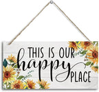 Sunflower Theme Wood Decor Sign, This Is Our Happy Place, Hanging Printed Wooden Plaque Decor, Rustic Home Décor Sign, Entryway Wall Decor, Hanging Plaques for Foyer Farmhouse Hostel Sign 12x6 inch