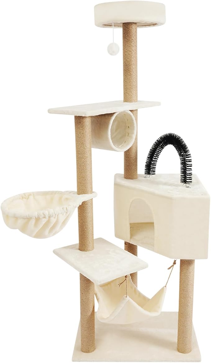 Cat Tree, W23.6*D15.7*H63in Cat Climbing Tower for Indoor Cats, Multi-Layer Cat Condo with Cat House, Hammock, Jumping Platforms, Scratching Posts, Holds 7.5kg/16.5lbs (Beige)