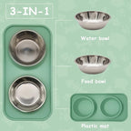 BNOSDM 2 Pcs Double Dog Food Bowls, Stainless Steel Small Dog Food and Water Bowls with Non-Spill Plastic Mat, Pet Cat Feeder Dish Set for Puppy Cats Kitten, Green