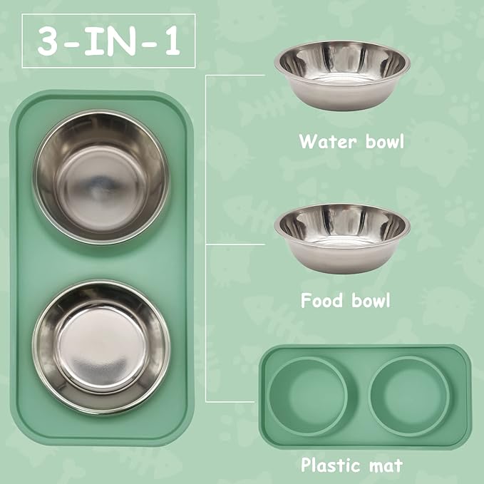 BNOSDM Double Dog Food Bowls Stainless Steel Dog Food and Water Bowls with Non-Spill Plastic Mat Pet Cat Feeder Bowl Set for Puppy Cats Kitten Small Dogs, Dark Green