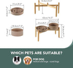 Ceramic Raised Slow Feeder Dog Bowl Set, Elevated 7.3inch Bowl and 8.2inch Puzzle Slow Dish with Wooden Stand for Medium and Large Dog, Anti-Gulping (2X Brown Coffee+ Stand)