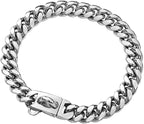 Strong Stainless Steel Silver Metal Dog Collars with New Secure Buckle,14MM Cuban Lock Link Chain Training Collar Necklace Chain for Small Medium Large Dogs