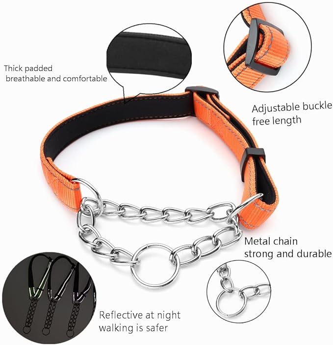 Martingale Dog Collars Adjustable Soft Nylon Reflective Collars with Stainless Steel Chain Walking Training Collars Heavy-Duty Puppy Chain Collars for Small,Medium,Large Dogs(Orange,L)